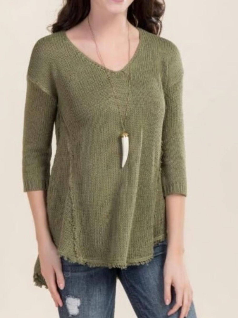 Quinn Olive V-Neck 3/4 Sleeve Knit Top